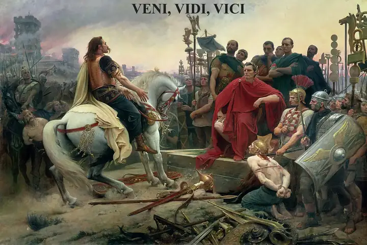 Lionel Royer's 1899 painting of Vercingetorix on a pale horse throwing down his arms before Julius Caesar, who sits armed among Roman soldiers after the siege of Alesia.