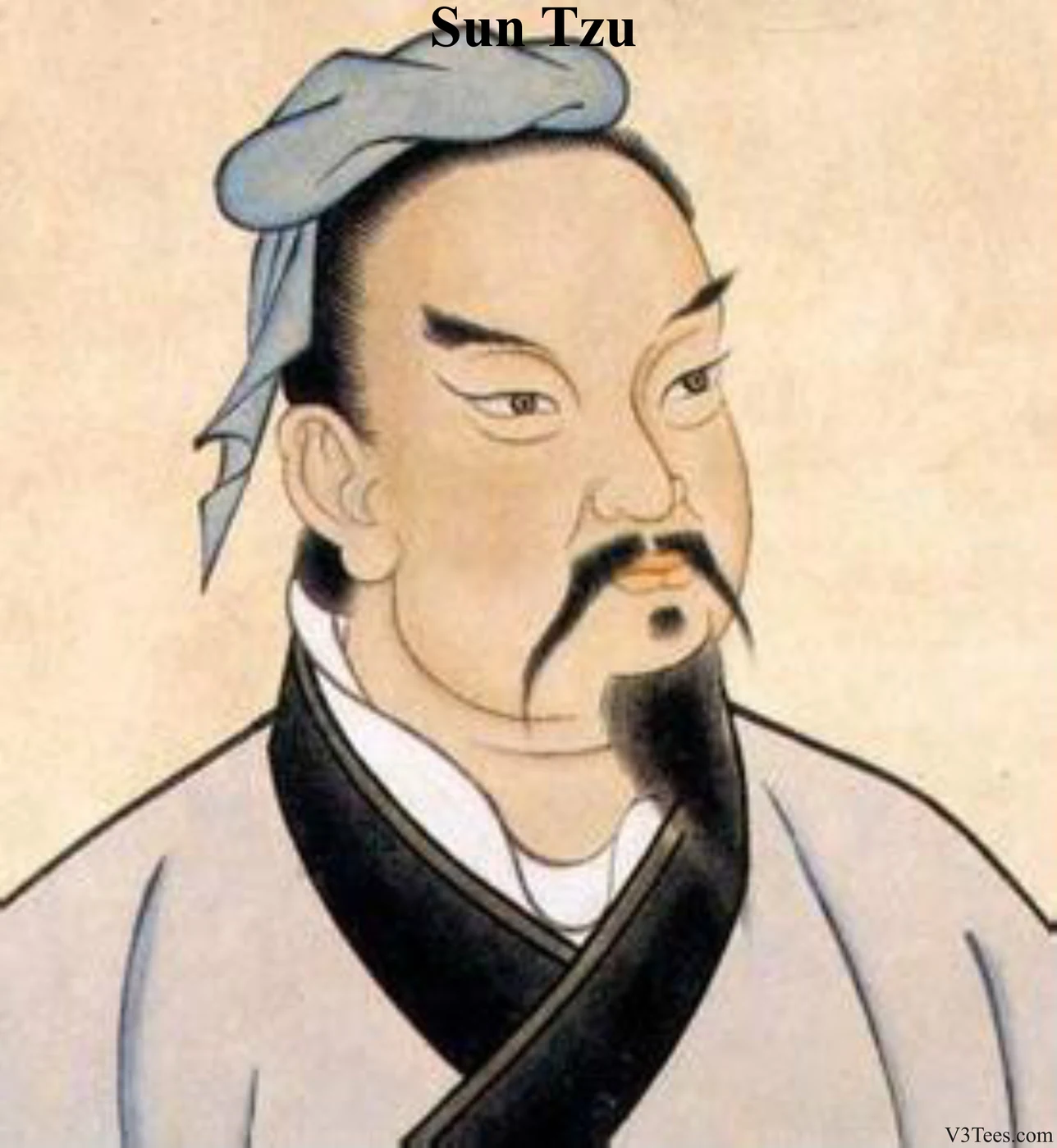 Traditional Chinese portrait of Sun Tzu, a bearded man in pale robes and a black cap, with the name Sun Tzu lettered above him.